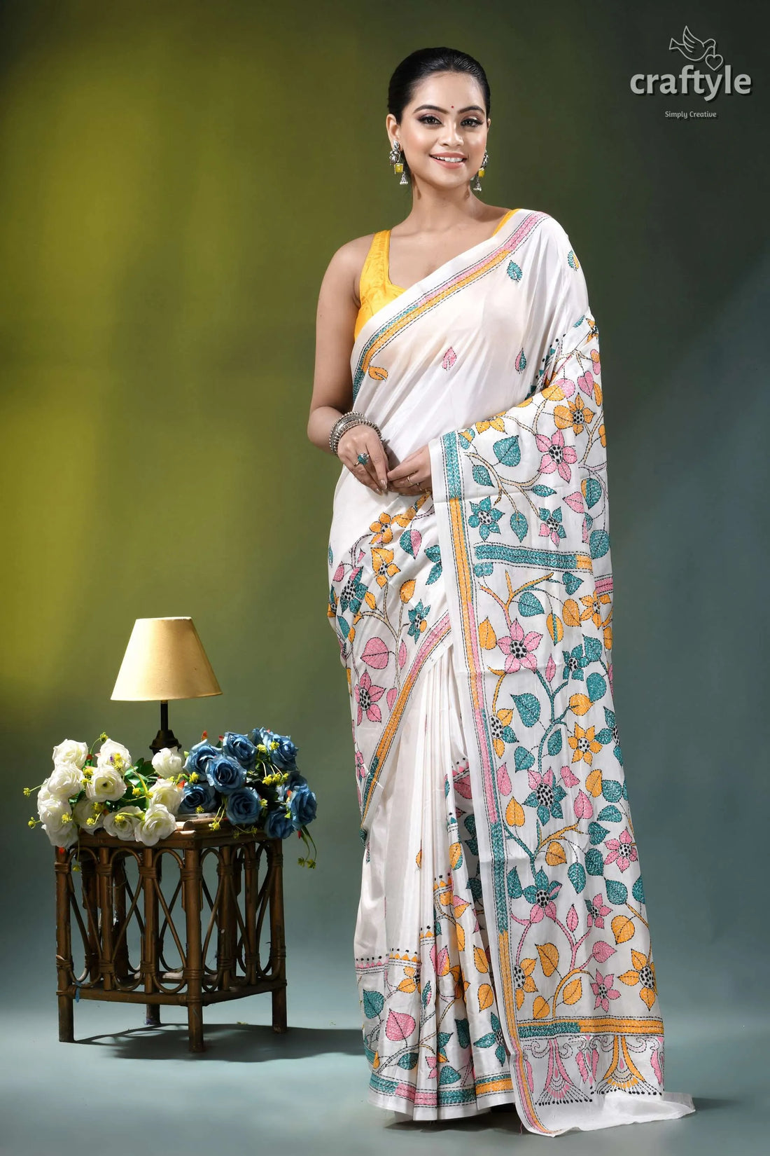 Snow white botanical design hand embroidered silk kantha saree white silk saree adorned intricate 1