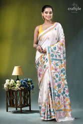 Snow white botanical design hand embroidered silk kantha saree white silk saree adorned intricate 1