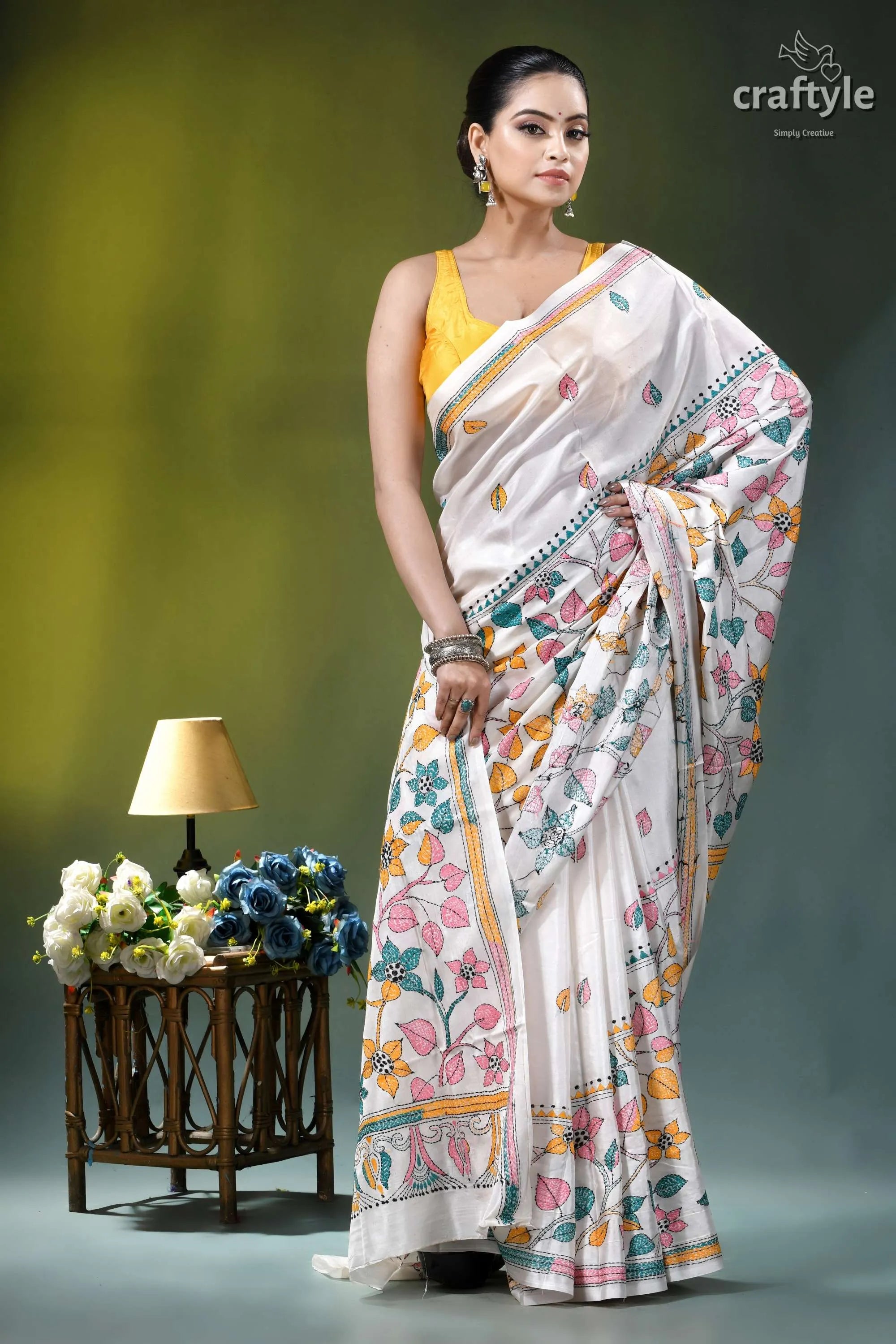 Snow white botanical design hand embroidered silk kantha saree white silk saree adorned colorful 4