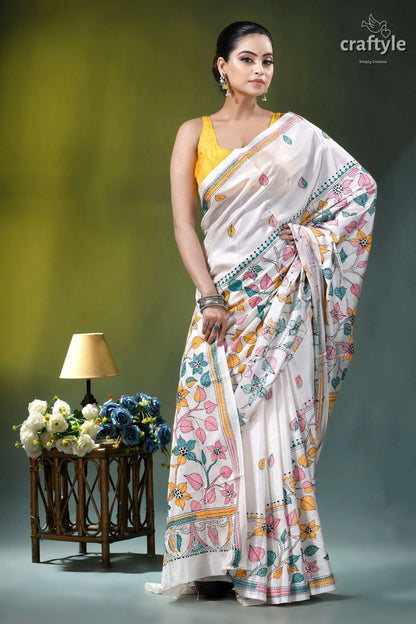 Snow white botanical design hand embroidered silk kantha saree white silk saree adorned colorful 4