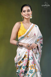 Snow white botanical design hand embroidered silk kantha saree white saree colorful floral embroidery 2