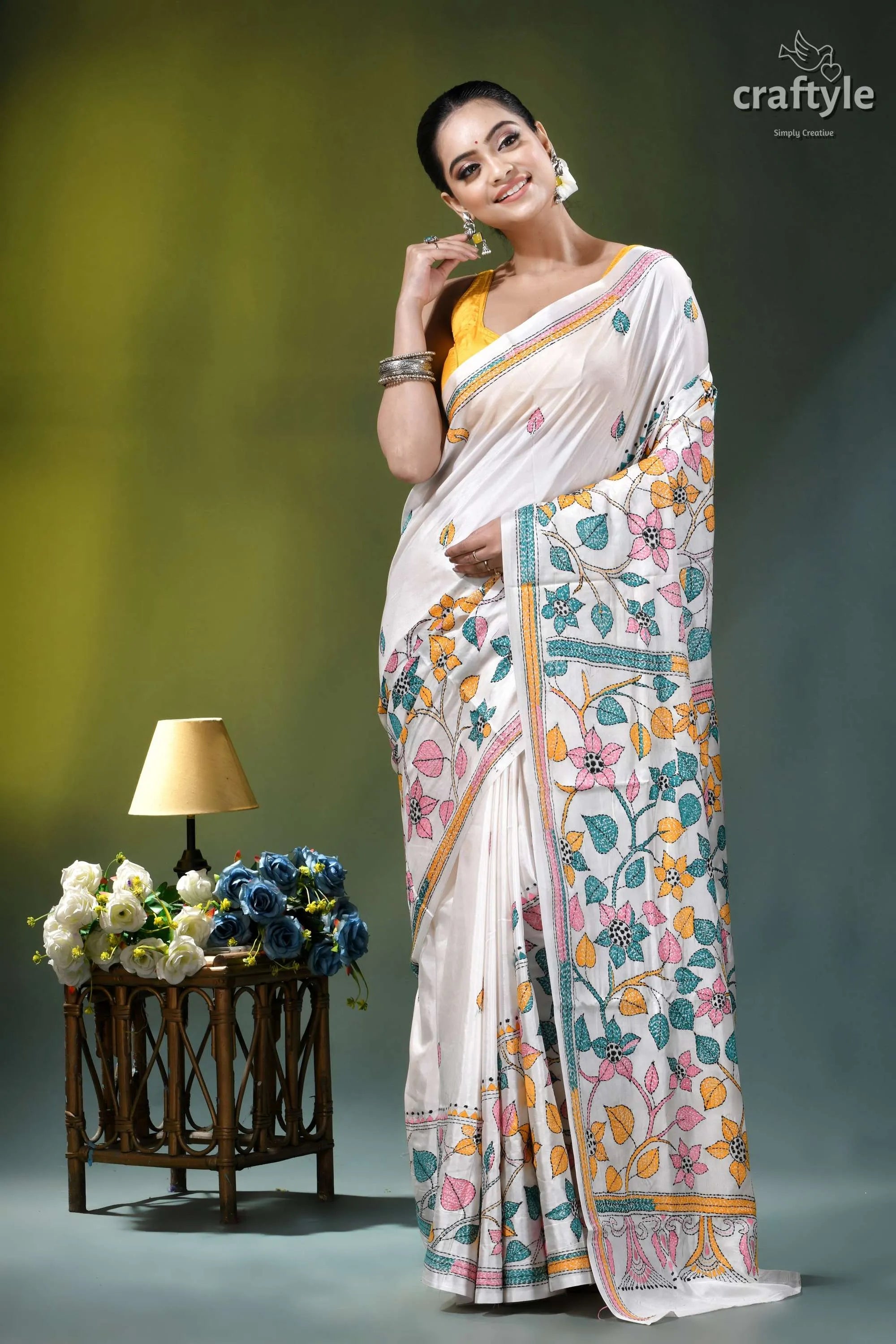 Snow white botanical design hand embroidered silk kantha saree woman wears white saree intricate 6