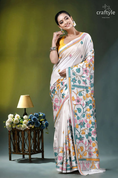 Snow white botanical design hand embroidered silk kantha saree woman wears white saree intricate 6