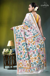 Snow white botanical design hand embroidered silk kantha saree white silk saree adorned intricate 5