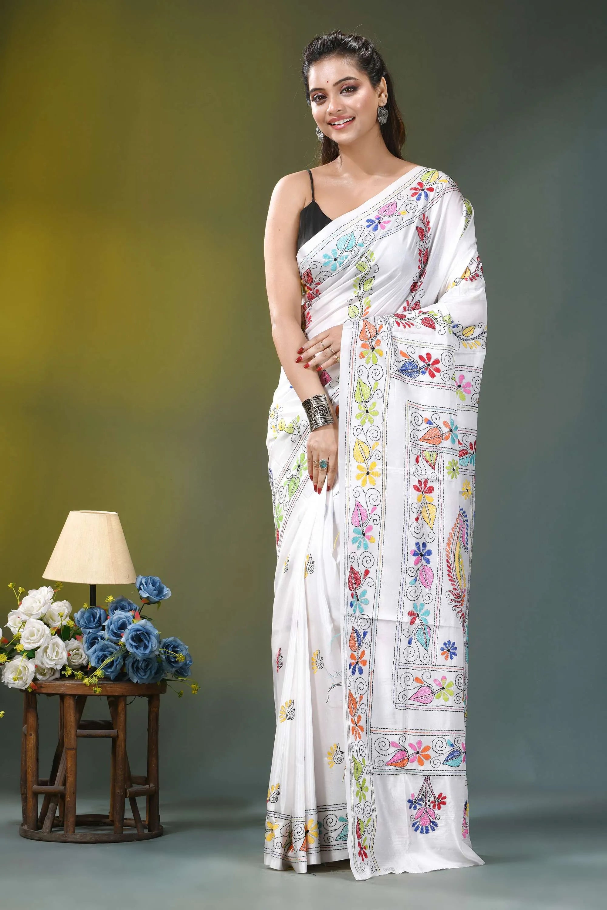 Snow white multicolor floral motif silk kantha stitch saree white sari adorned vibrant colorful 6