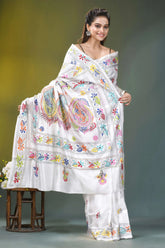 Snow white multicolor floral motif silk kantha stitch saree white silk saree adorned vibrant 4