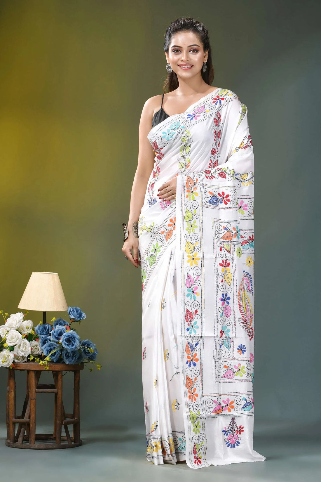 Snow white multicolor floral motif silk kantha stitch saree white embroidered saree colorful floral 1
