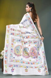 Snow white multicolor floral motif silk kantha stitch saree white embroidered saree vibrant paisley 5