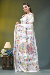 Snow white multicolor floral motif silk kantha stitch saree white saree vibrant colorful embroidered 3