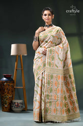 Soft amber cotton jamdani weave saree for women beige orange floral patterned saree 6