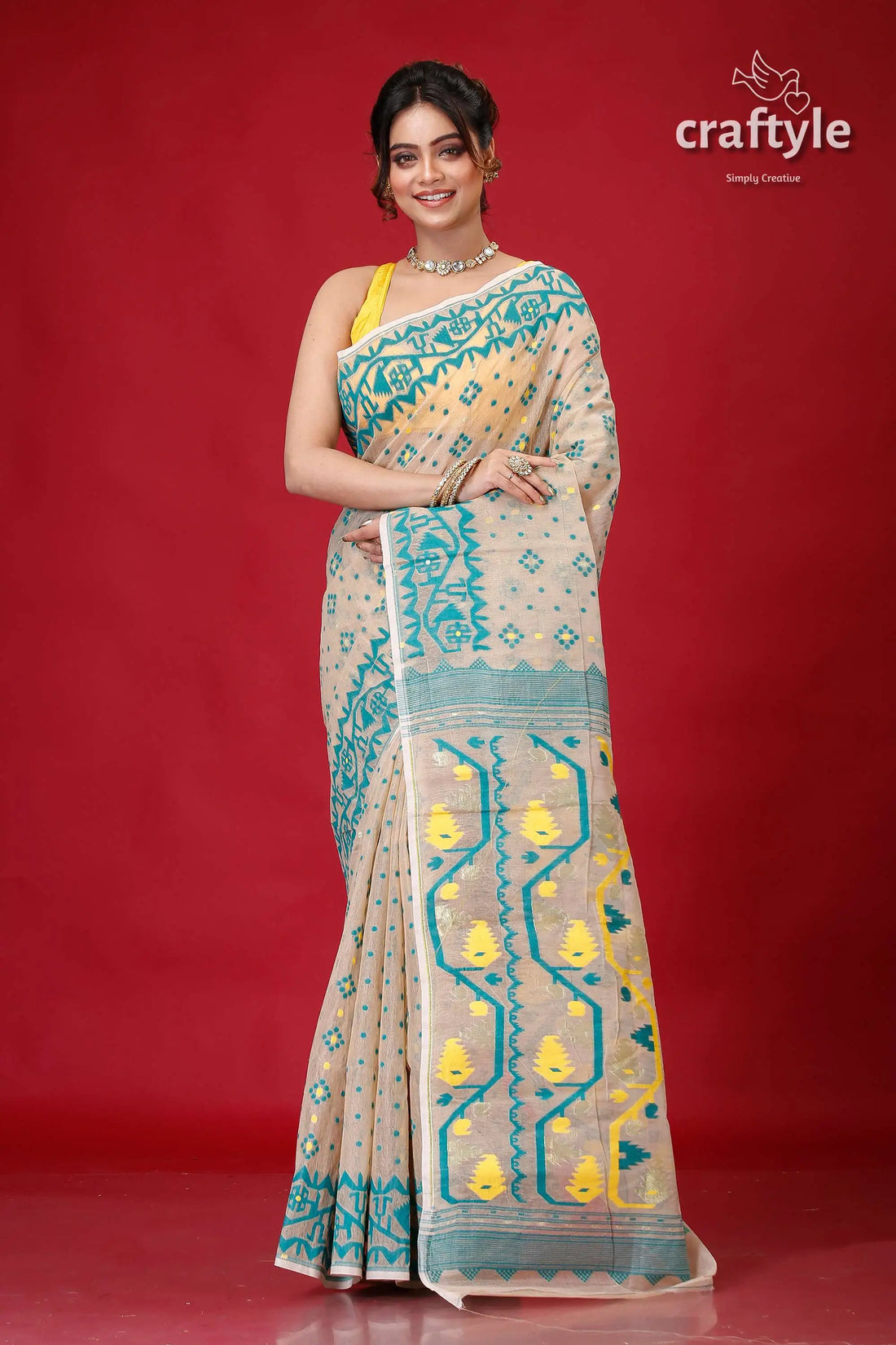 Soft amber elegant jamdani saree for women woman beige saree blue yellow 1