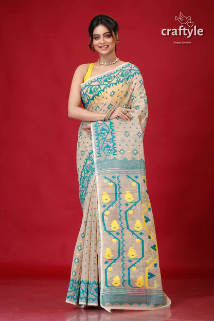 Soft amber elegant jamdani saree for women woman beige saree blue yellow 1
