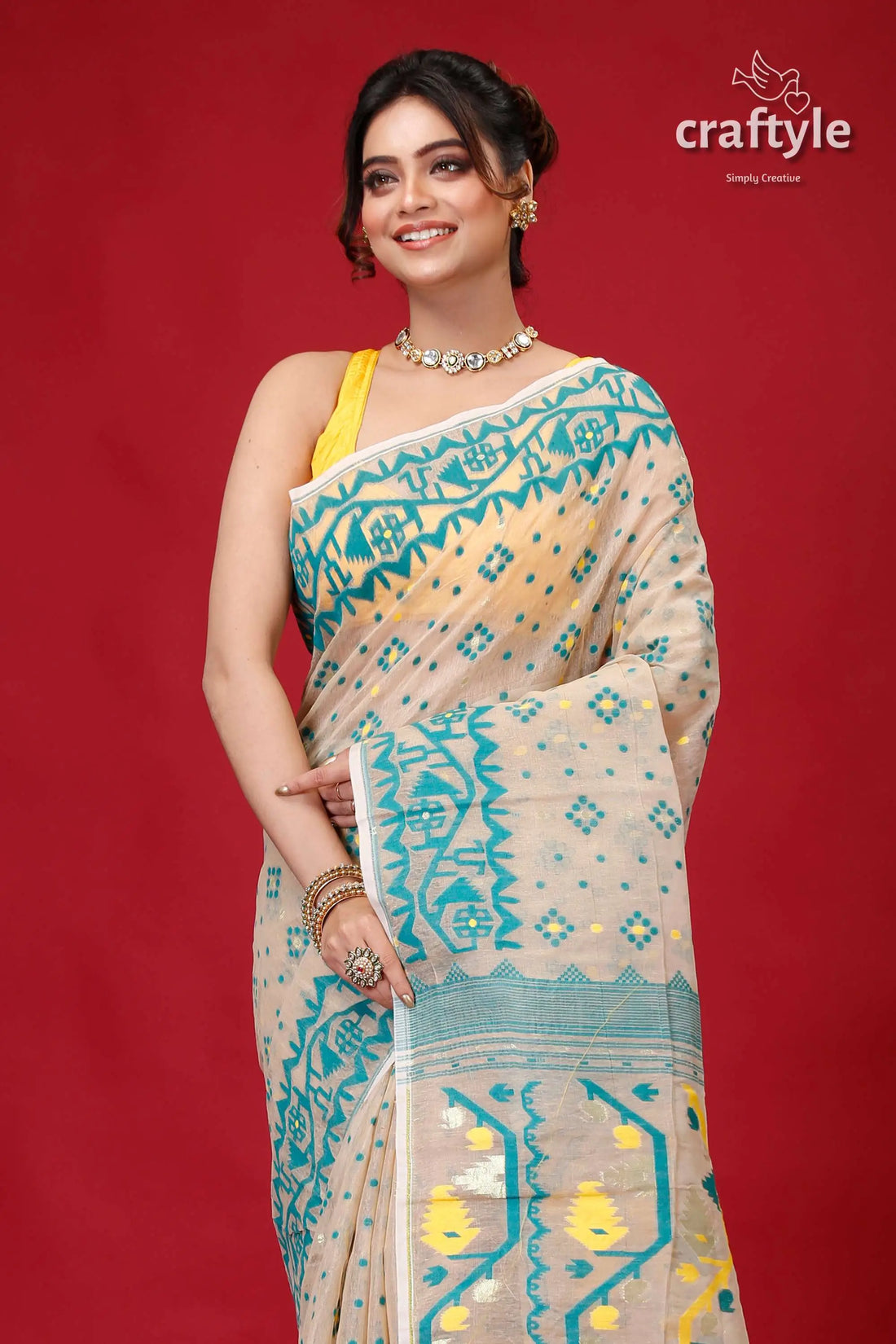 Soft amber elegant jamdani saree for women woman beige turquoise saree 2
