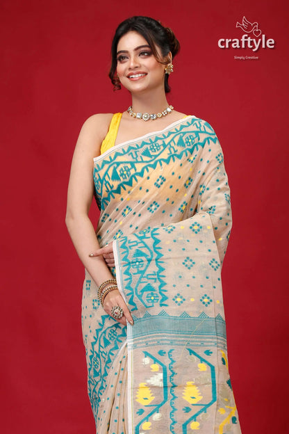 Soft amber elegant jamdani saree for women woman beige turquoise saree 2