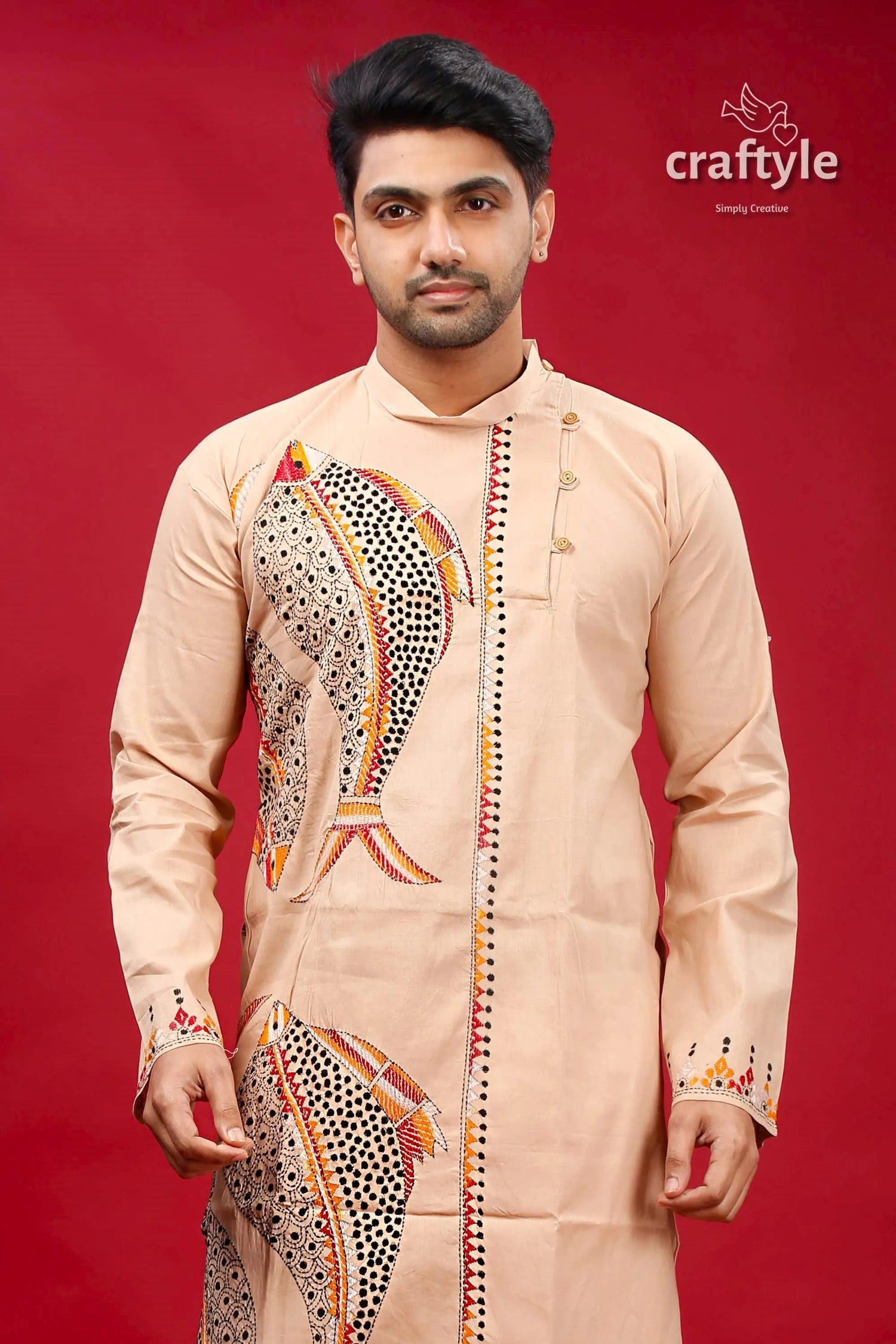 Soft amber fish motif kantha work men’s kurta beige intricate embroidery 2