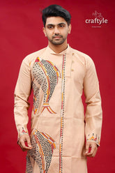 Soft amber fish motif kantha work men’s kurta beige intricate embroidery 2
