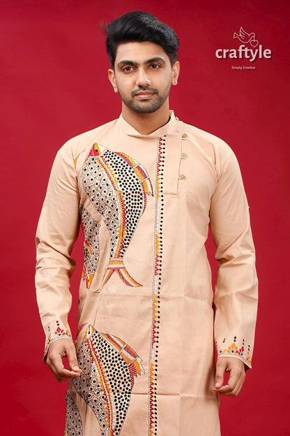 Soft amber fish motif kantha work men’s kurta beige intricate embroidery 2