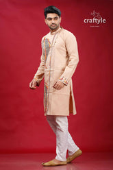 Soft amber fish motif kantha work men’s kurta beige embroidered intricate multicolored 3