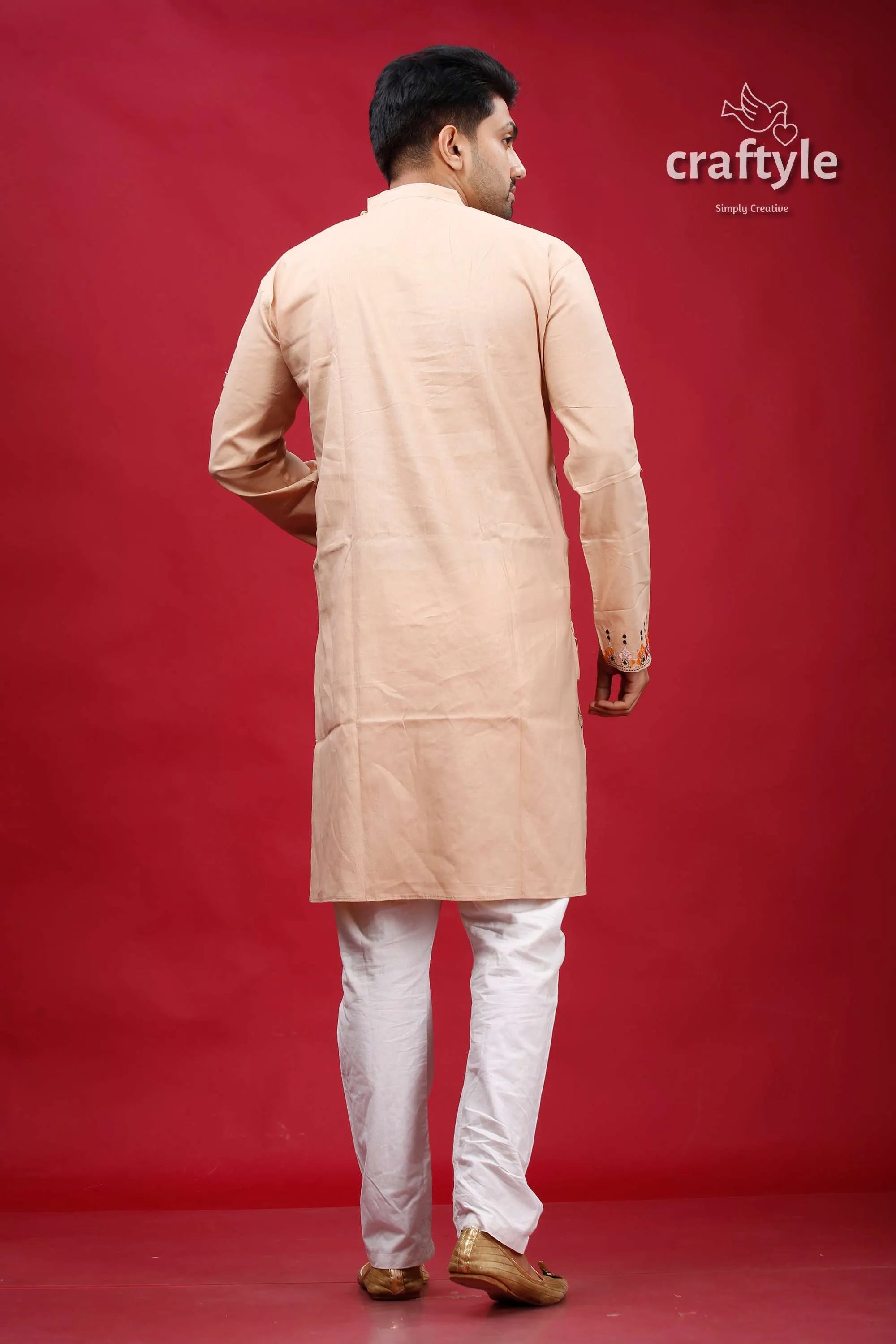 Soft amber fish motif kantha work men’s kurta beige cotton subtle embroidery 5