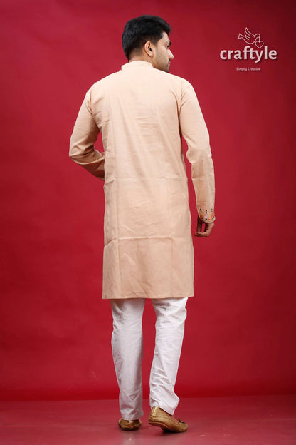 Soft amber fish motif kantha work men’s kurta beige cotton subtle embroidery 5