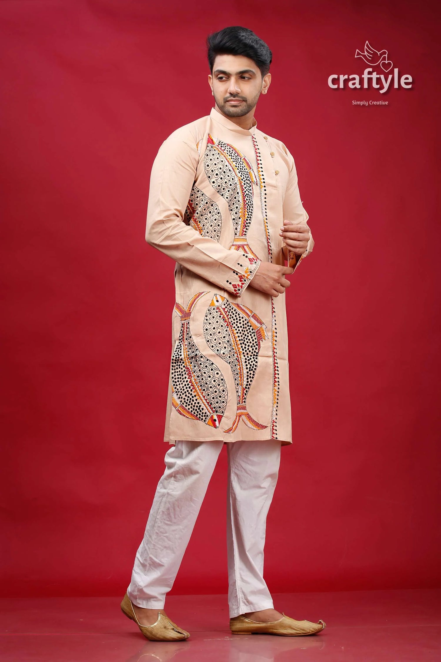Soft amber fish motif kantha work men’s kurta beige embroidered intricate black 4