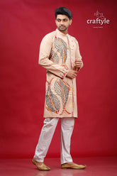 Soft amber fish motif kantha work men’s kurta beige embroidered intricate black 4