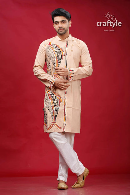 Soft amber fish motif kantha work men’s kurta beige intricate black white 1