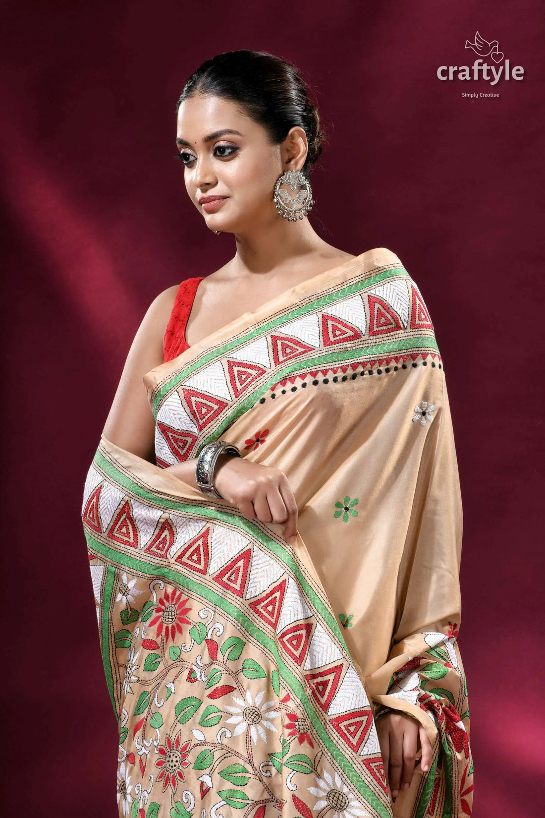 Soft amber handcrafted silk kantha saree elegant beige saree floral geometric 2