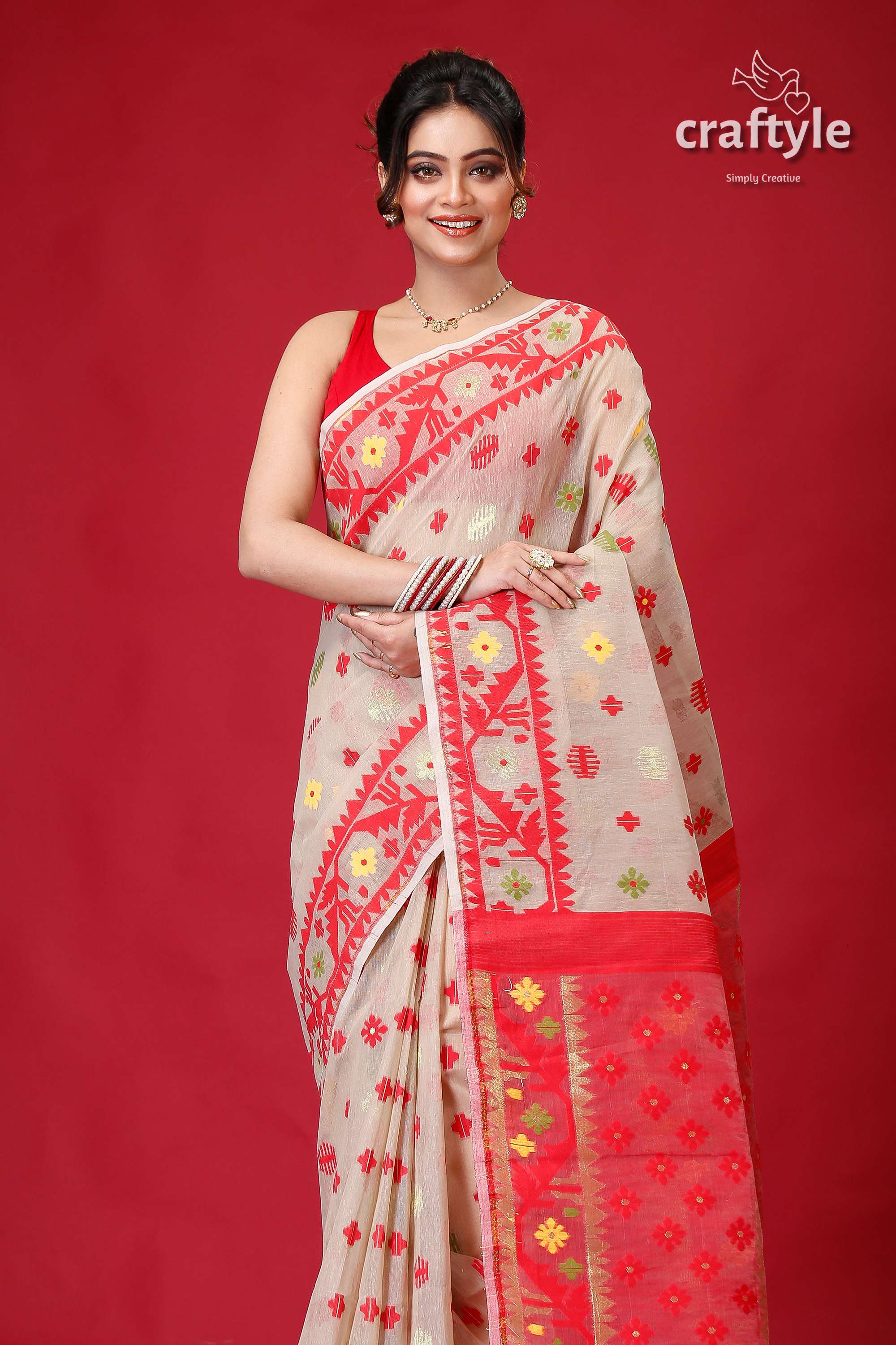 Soft Amber Handloom Jamdani Sari-Craftyle
