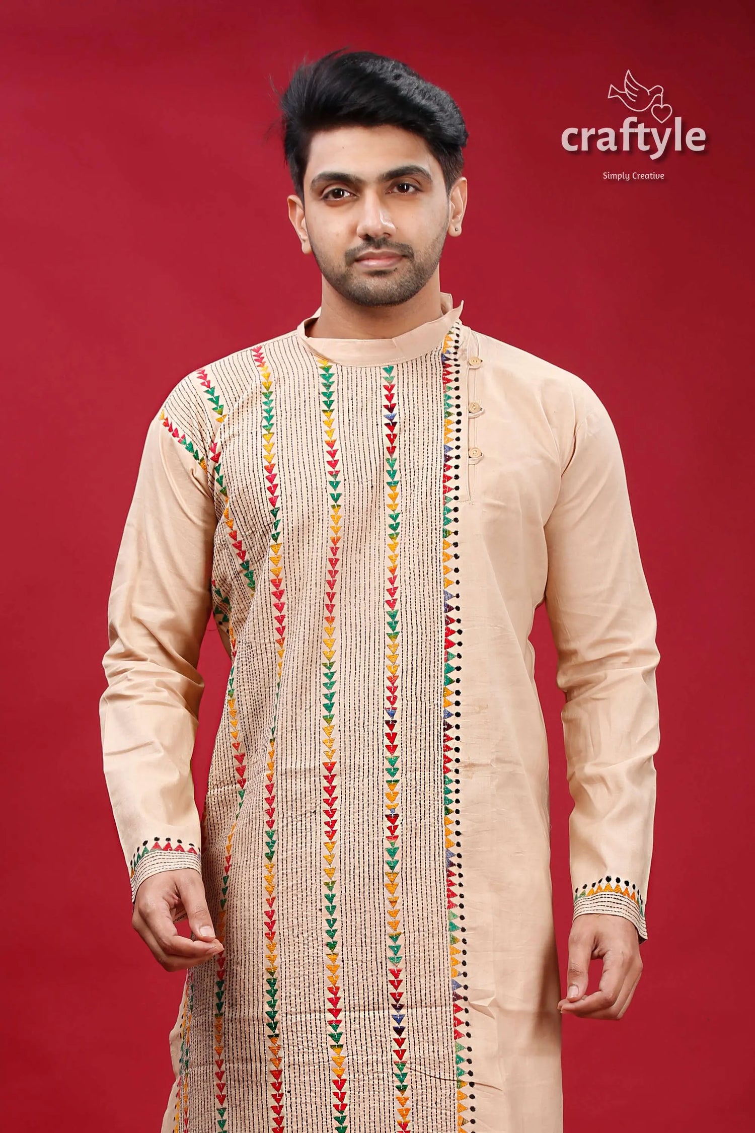 Soft amber kantha embroidered cotton mens kurta beige colorful vertical 2