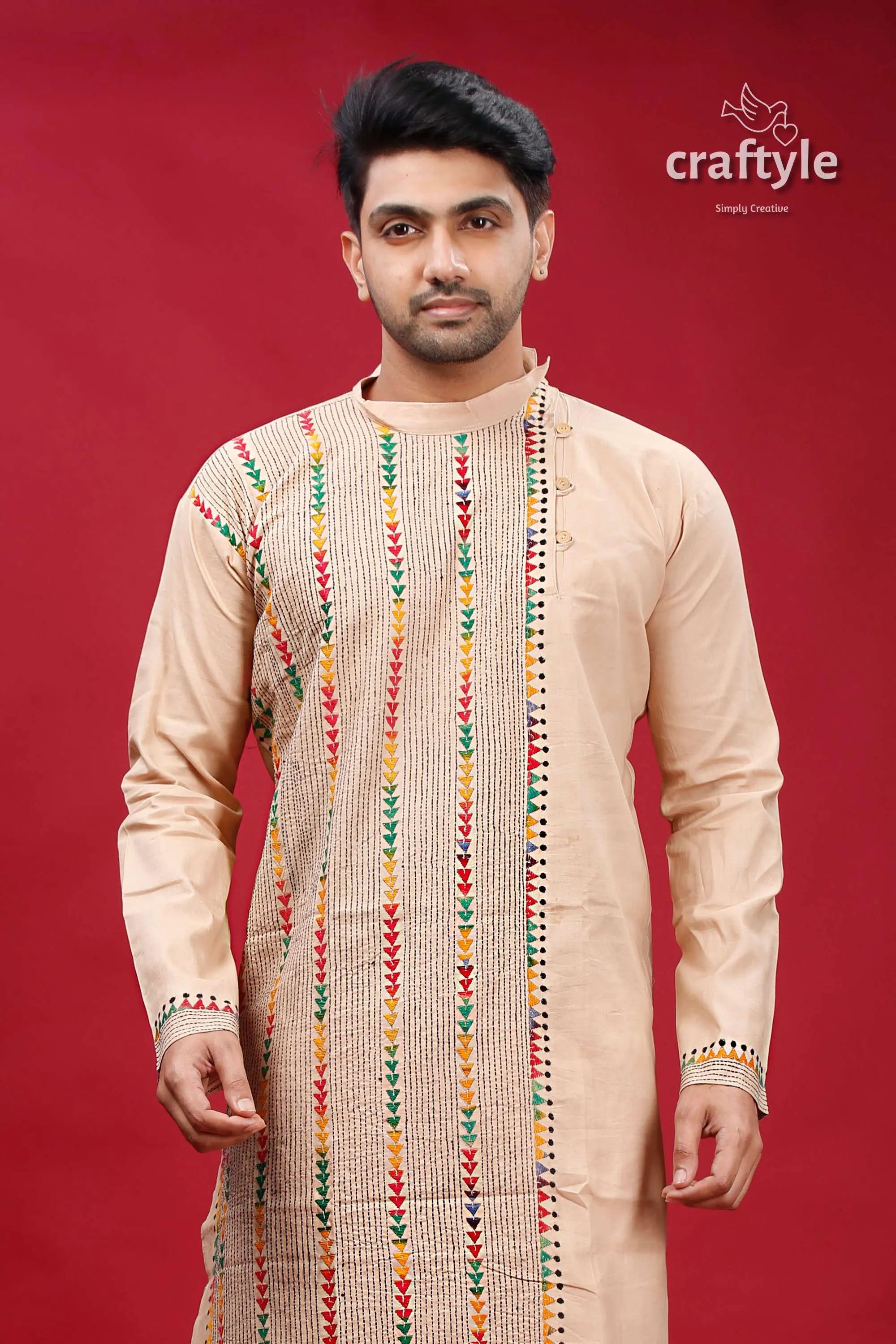 Soft amber kantha embroidered cotton mens kurta beige colorful vertical 2