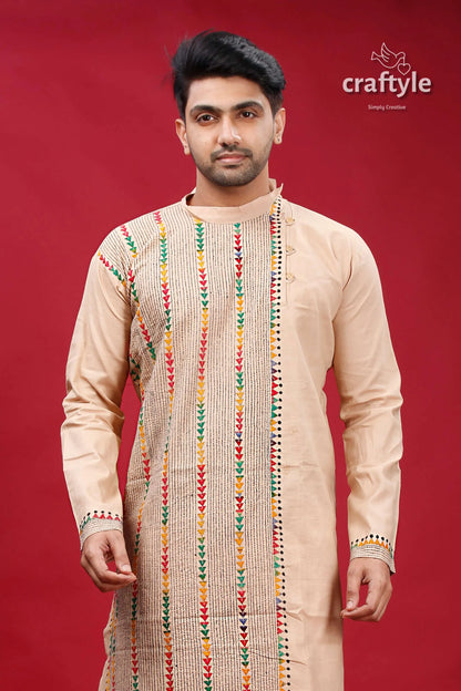 Soft amber kantha embroidered cotton mens kurta beige colorful vertical 2