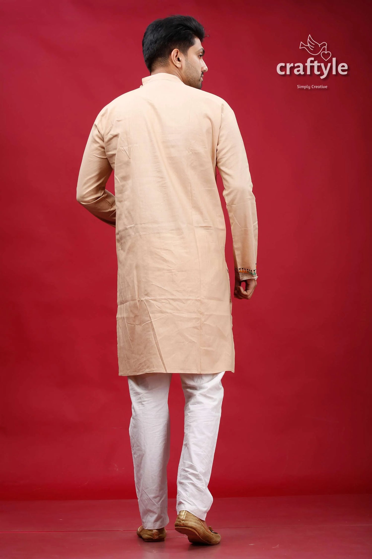 Soft amber kantha embroidered cotton mens kurta beige mandarin collar 5