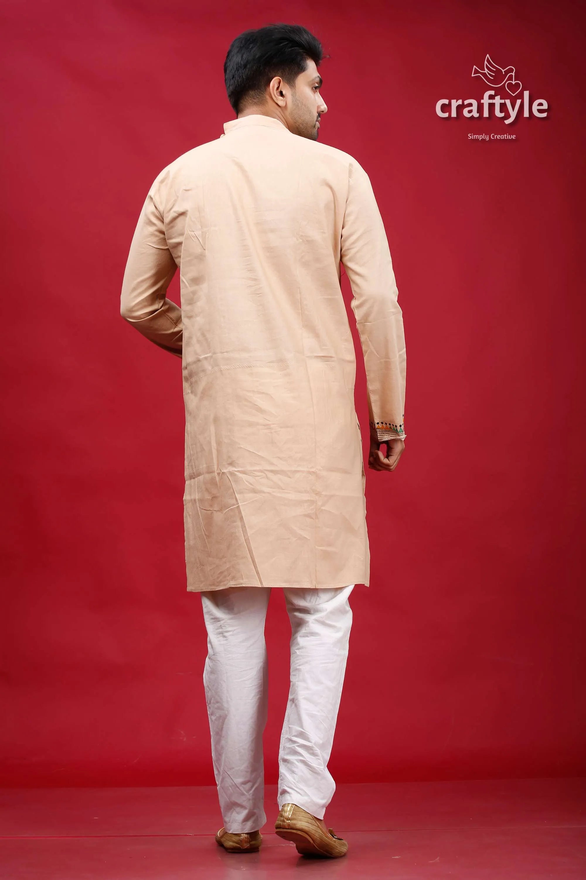 Soft amber kantha embroidered cotton mens kurta beige mandarin collar 5