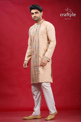 Soft amber kantha embroidered cotton mens kurta beige colorful vertical 3
