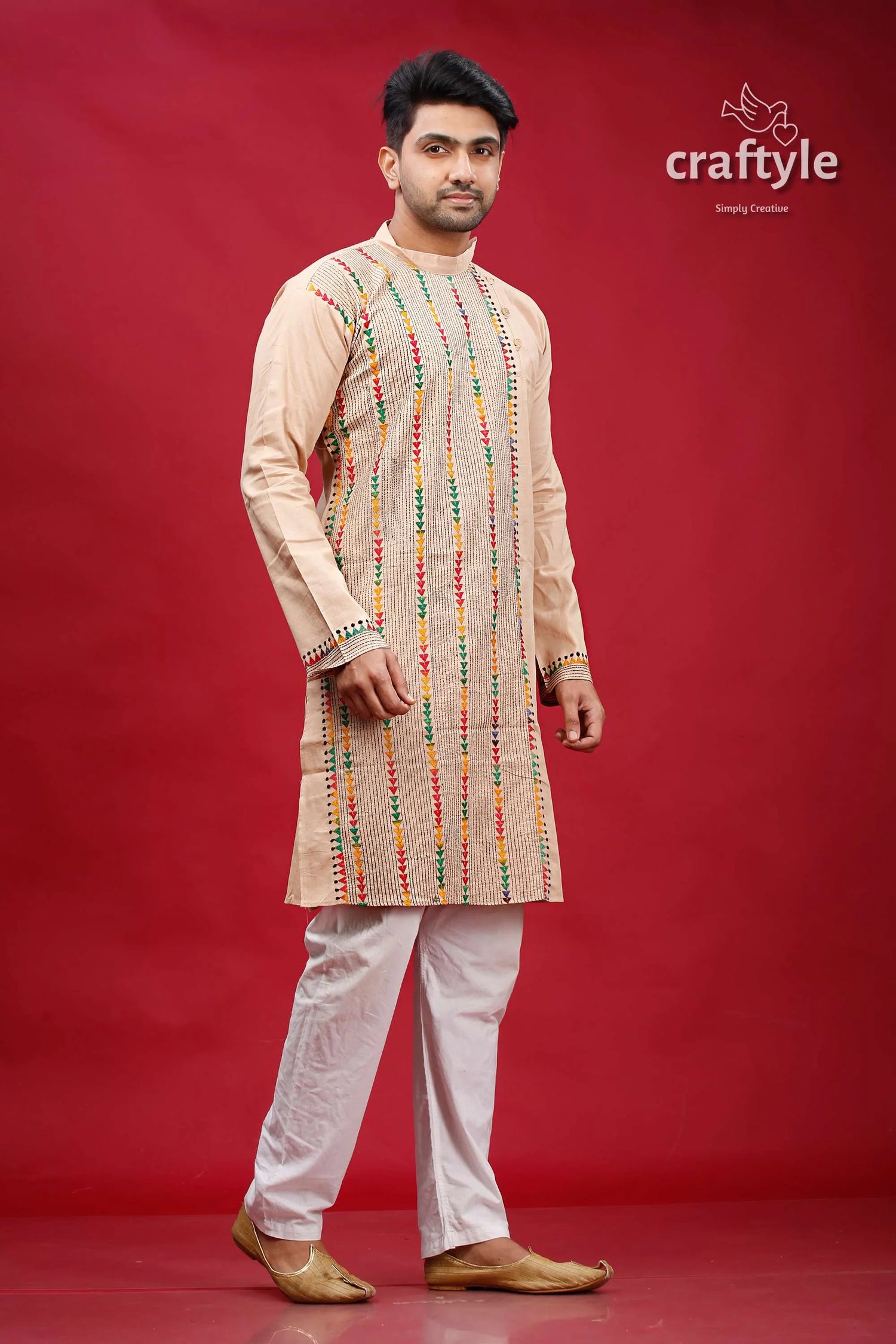 Soft amber kantha embroidered cotton mens kurta beige colorful vertical 4
