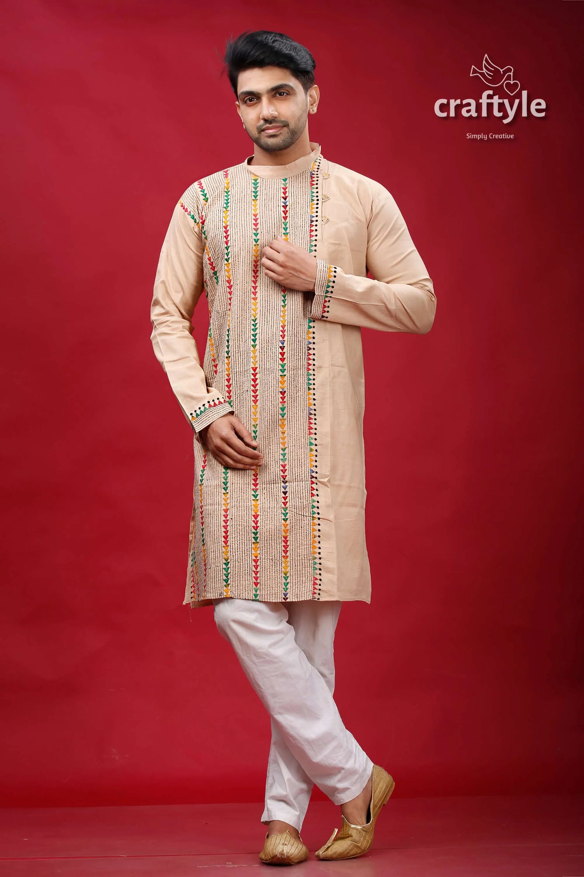 Soft amber kantha embroidered cotton mens kurta beige colorful vertical 1