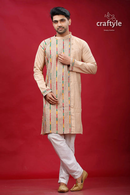 Soft amber kantha embroidered cotton mens kurta beige colorful vertical 1