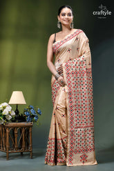 Soft amber multi-thread kutch embroidery silk saree - mirror work beige silk saree intricate red 7