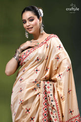 Soft amber multi-thread kutch embroidery silk saree - mirror work beige silk saree intricate red 2