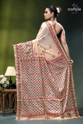 Soft amber multi-thread kutch embroidery silk saree - mirror work beige silk saree intricate red 6