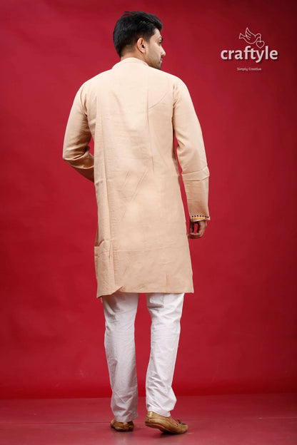 Soft amber mutithread floral kantha men’s cotton kurta beige subtle classic 5