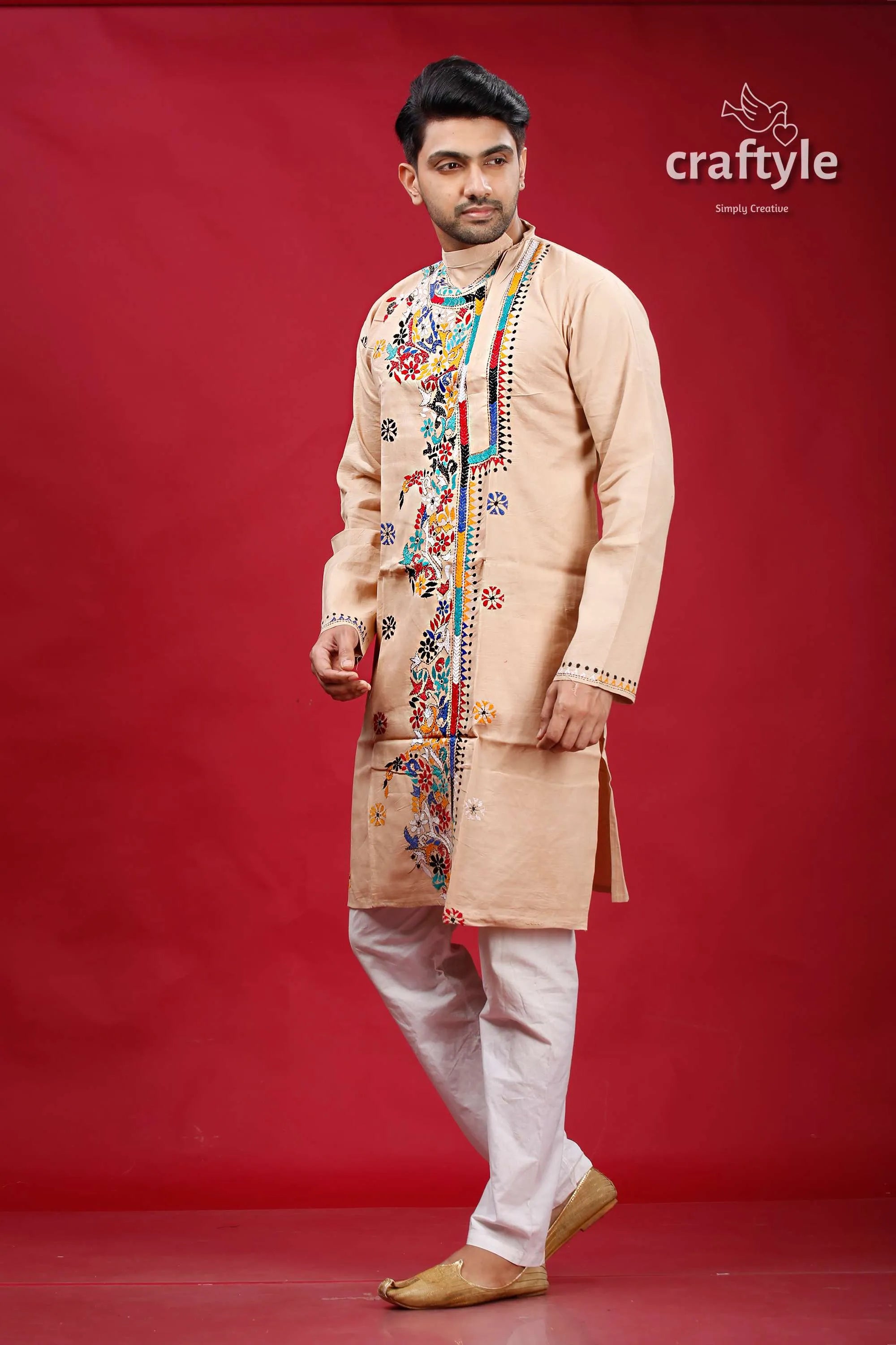 Soft amber mutithread floral kantha men’s cotton kurta beige embroidered colorful 4