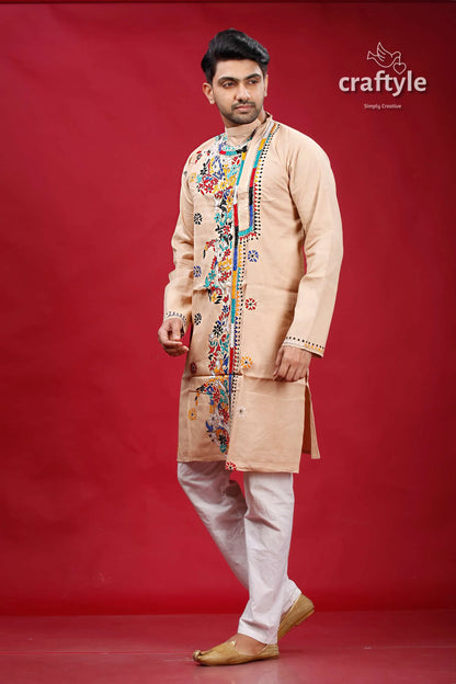 Soft amber mutithread floral kantha men’s cotton kurta beige embroidered colorful 4