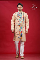 Soft amber mutithread floral kantha men’s cotton kurta beige embroidered colorful 2