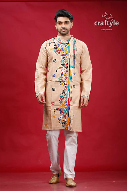Soft amber mutithread floral kantha men’s cotton kurta beige embroidered colorful 2