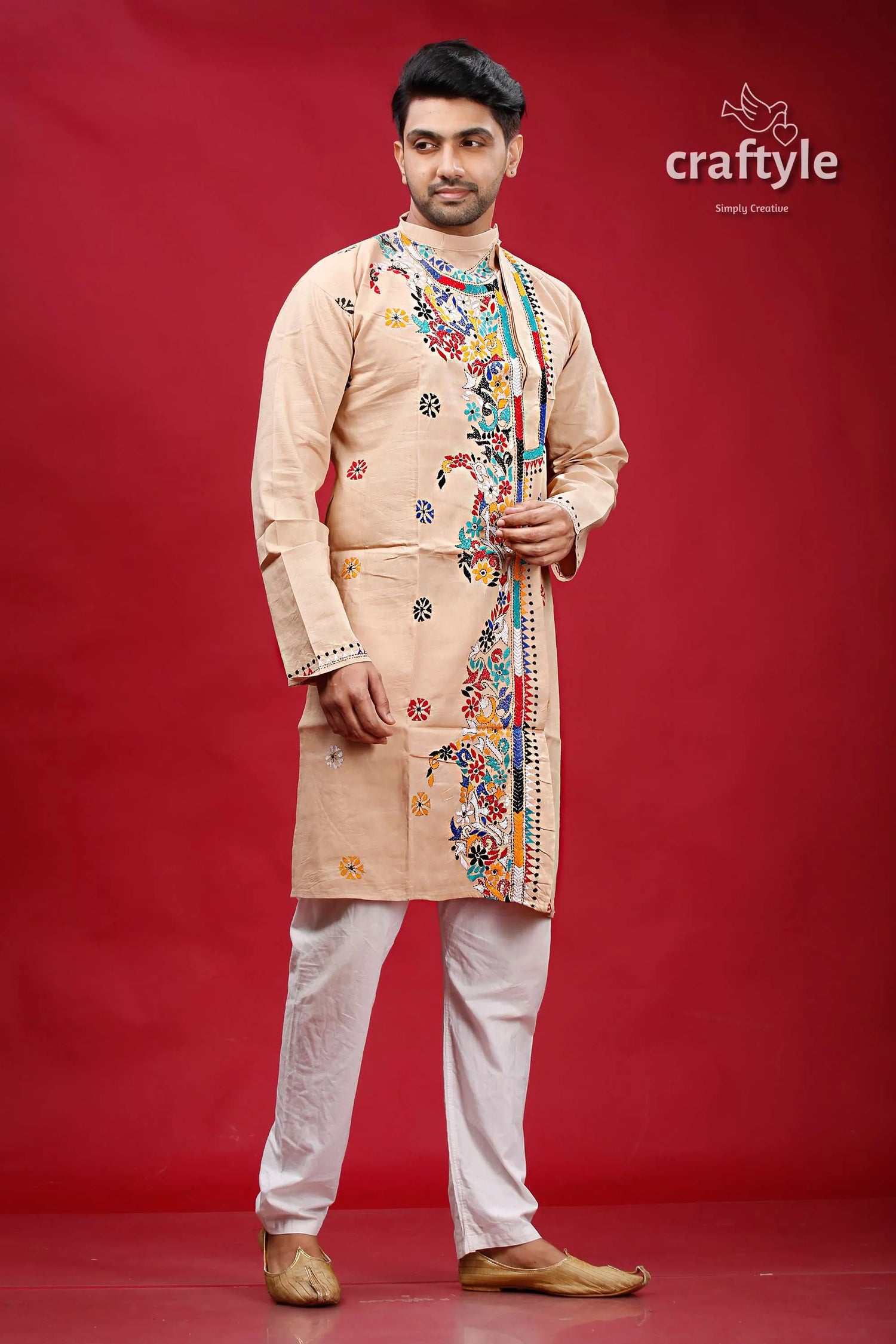 Soft amber mutithread floral kantha men’s cotton kurta beige embroidered colorful 3