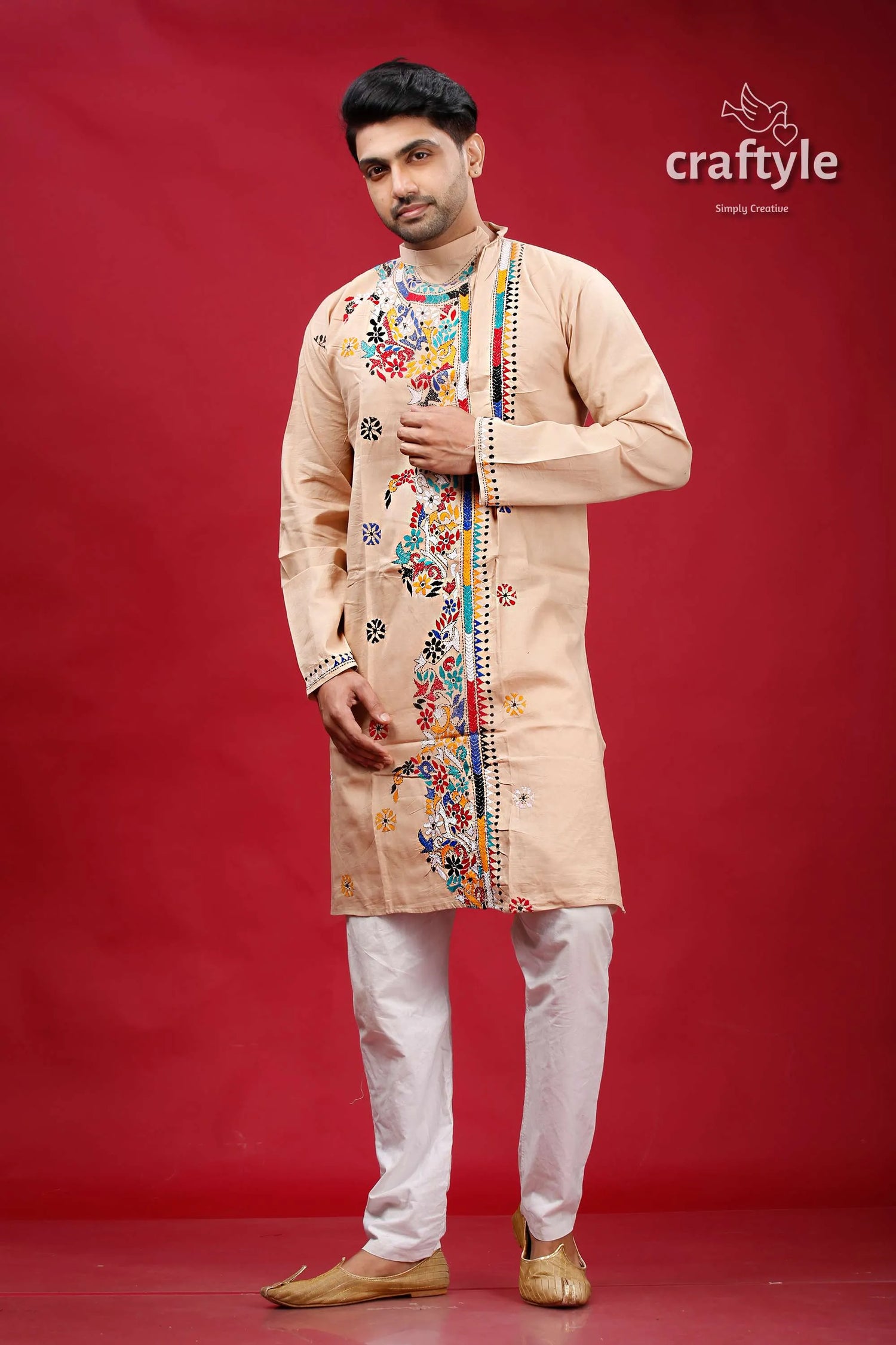 Soft amber mutithread floral kantha men’s cotton kurta beige embroidered colorful 1