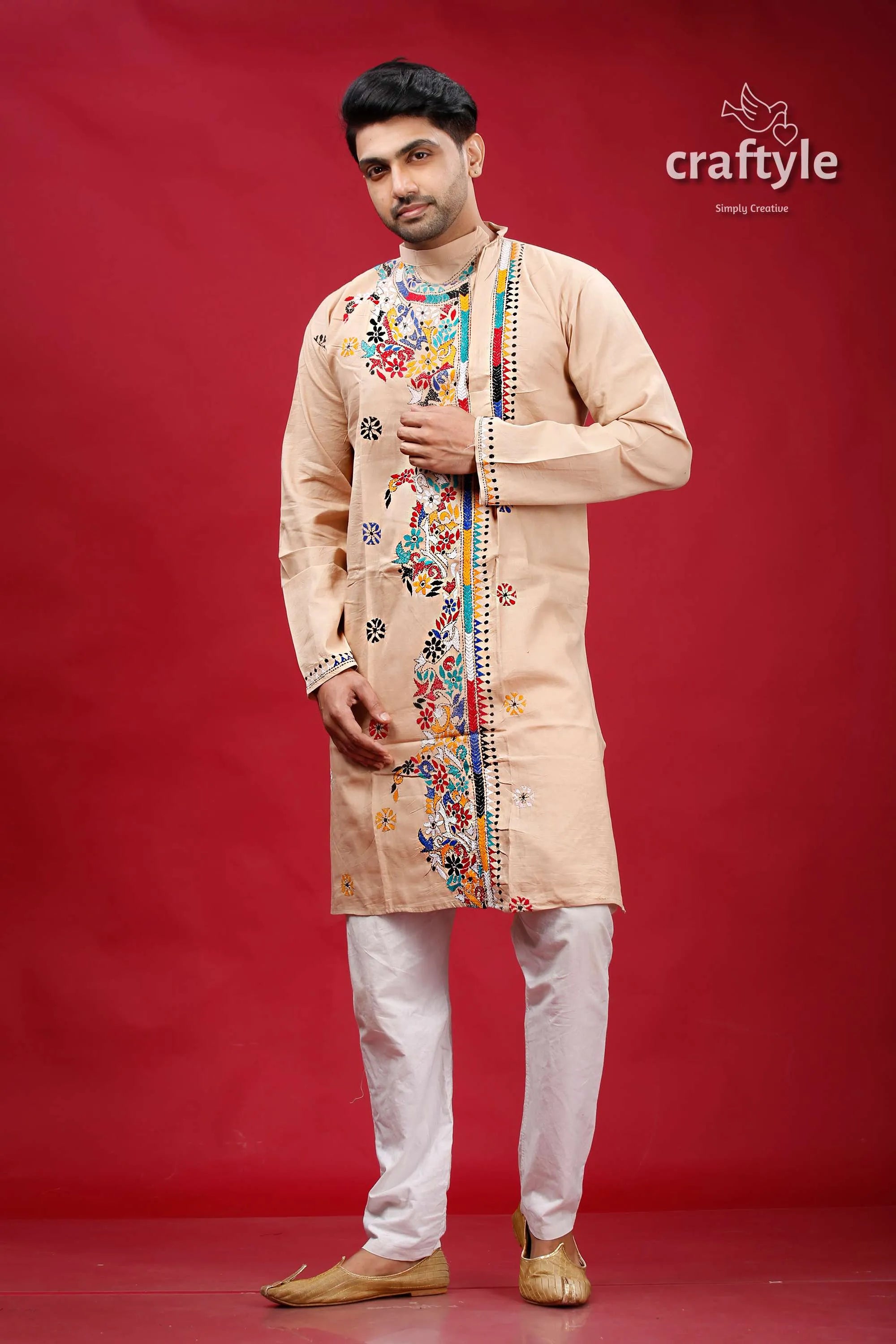 Soft amber mutithread floral kantha men’s cotton kurta beige embroidered colorful 1