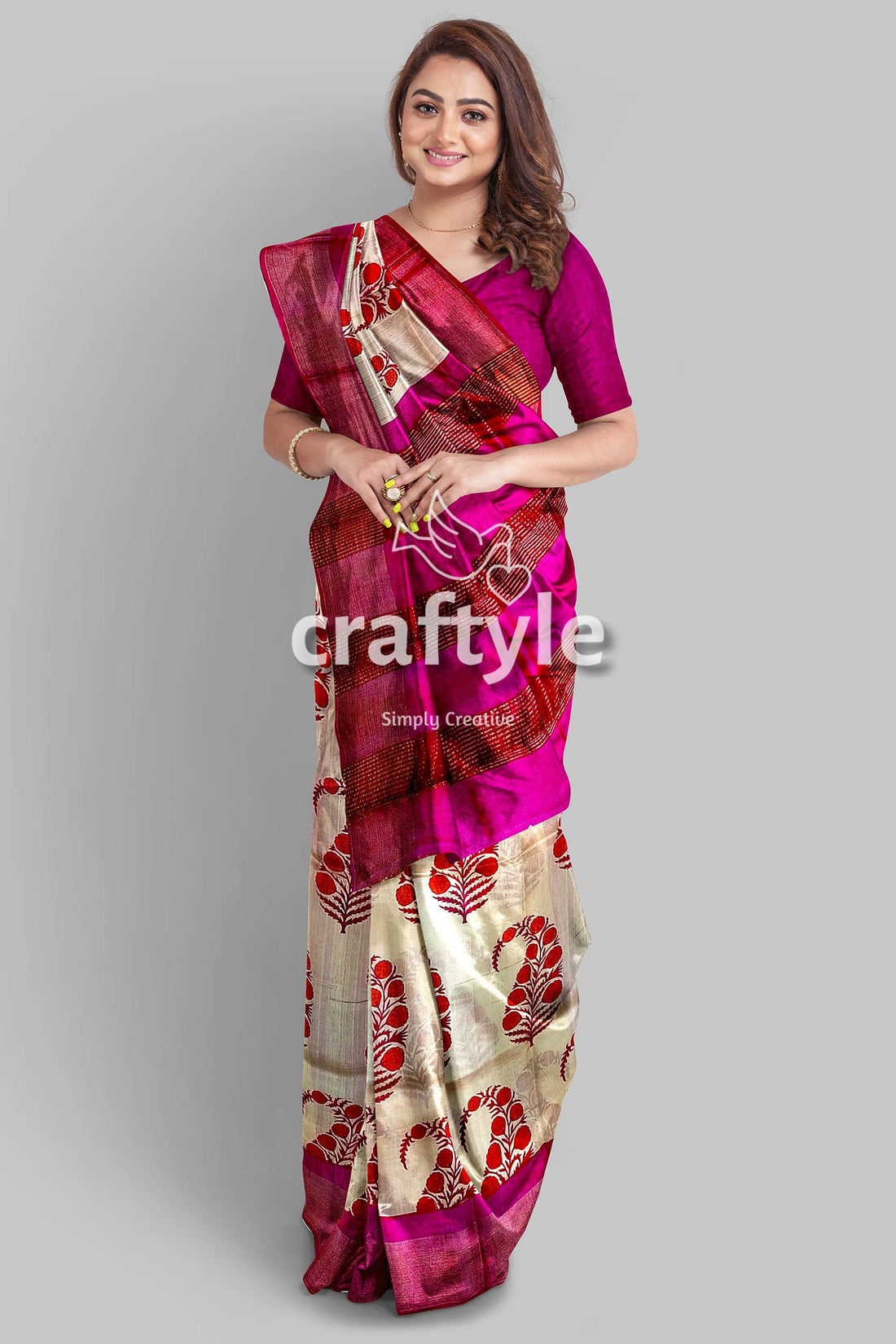 Soft Peach Magenta Hand Block Print Saree with Zari Border - Pure Tussar Silk - Craftyle